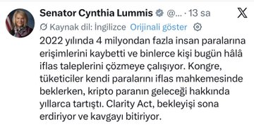 A Turkish-language X (Twitter) post from Senator Cynthia Lummis discussing cryptocurrency legislation and the Clarity Act.