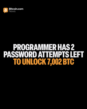 The image shows a Bitcoin.com news headline stating "PROGRAMMER HAS 2 PASSWORD ATTEMPTS LEFT TO UNLOCK 7,002 BTC," which directly corresponds to the story about programmer Stefan Thomas risking permanent loss of his Bitcoin fortune with just two chances remaining to guess the correct password for his IronKey USB drive.