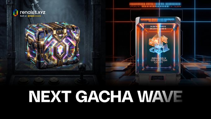 A promotional graphic for "NEXT GACHA WAVE" featuring a glowing futuristic cube and a digital card display labeled "RENDISS X COLLECTOR CARD," with the rendiss.xyz logo built on BSC.