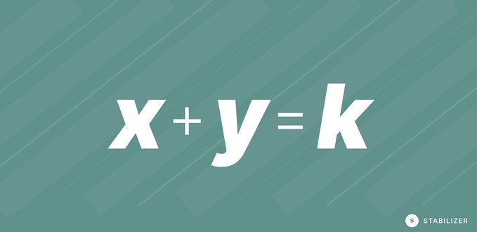 A teal graphic with white text displaying the mathematical equation "x + y = k" with a small "S STABILIZER" logo in the bottom right corner.