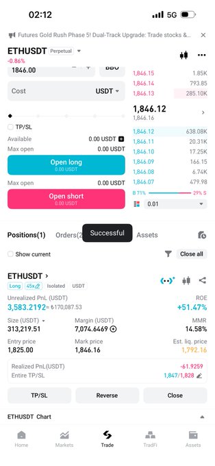 The image shows a crypto trading app screenshot displaying an ETHUSDT perpetual position that has been successfully closed, with a realized profit of -61.9259 USDT (-170,087.53 lira) and an estimated liquidation price of 1,792.16. This aligns with the post's update about closing the trade with 170 thousand lira in profit from a successful short position on Ethereum.