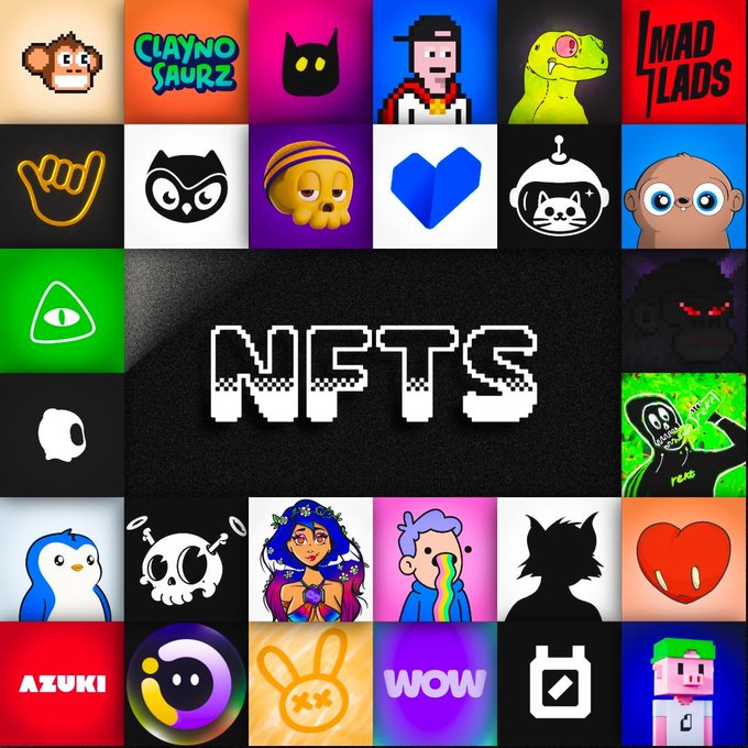 A colorful NFT-themed graphic featuring various cartoon characters, icons, and logos including 'CLAYNO SAURZ', 'MAD LADS', 'AZUKI', and 'WOW' surrounding the word 'NFTS' in pixelated text.