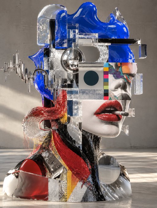 A surreal mixed-media sculpture combining a face with glossy blue forms, silver cubes, and beaded fabrics.
