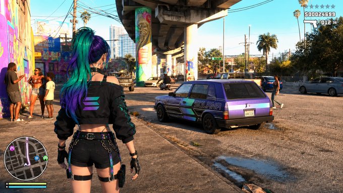 A gamer character with teal and purple hair stands beside a purple car branded "SOLANA" in a vibrant urban setting, mirroring the post's celebration of Solana IRL Season and the Solana Summit Serbia event hosted with @SuperteamBLKN.