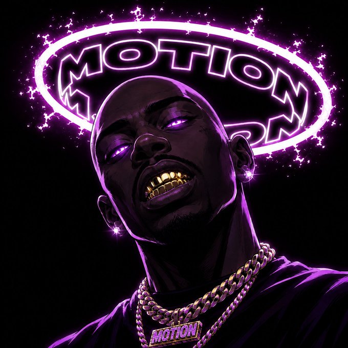 A stylized digital illustration of a person with glowing purple eyes and a neon halo reading 'MOTION' above their head, wearing a gold chain and 'MOTION' pendant.