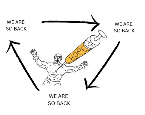 A meme featuring a muscular figure being injected with a 'HOPE' syringe, surrounded by three instances of the text 'WE ARE SO BACK' connected by arrows forming a triangle.