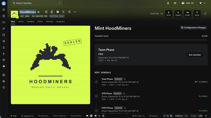 An OpenSea NFT mint page for 'HoodMiners' showing 'SEALED UNTIL REVEAL' and a mint schedule with Team Phase, GTD Phase, and FCFS Phase.