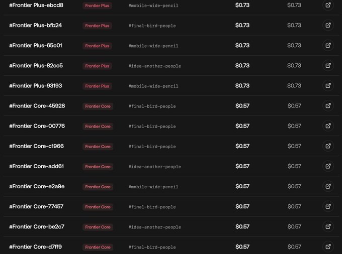 A digital marketplace listing showing various 'Frontier Plus' and 'Frontier Core' items with prices at $0.73 and $0.57 respectively, alongside hashtags like #mobile-wide-pencil, #final-bird-people, and #idea-another-people.