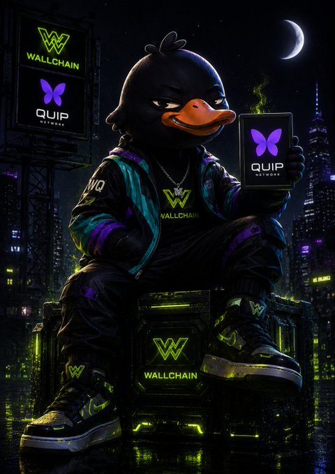 The image features a cartoon duck sitting on top of boxes with the words "Wallchain" and "quip network" written on them. The duck appears to be holding a phone, which has a butterfly design on it. The background shows buildings and neon lights, creating an urban atmosphere. The post is titled "Good morning CT Not every active ecosystem is actually moving forward Sometimes it’s just noise repeating itself But on @wallchain @quipnetwork & @cnpynetwork you can see ideas evolving through interaction, not just posts That's where things start to feel real."