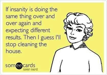 A 'someecards' ecard featuring an illustration of a blonde woman with the quote: 'If insanity is doing the same thing over and over again and expecting different results. Then I guess I'll stop cleaning the house.'
