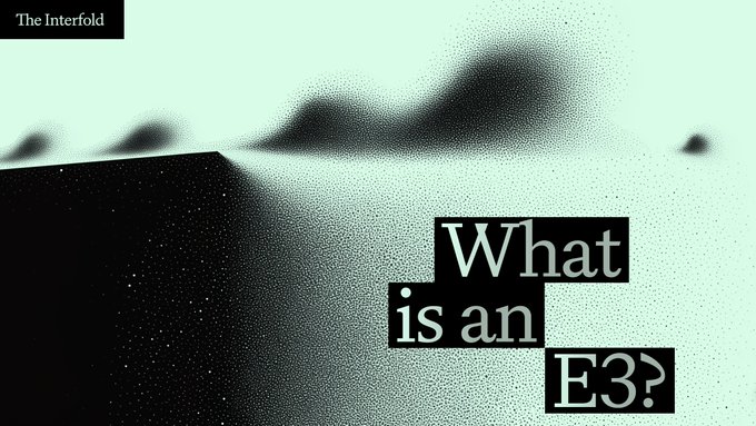A graphic from 'The Interfold' with a mint green and black textured background showing the headline 'What is an E3?' in black text boxes.