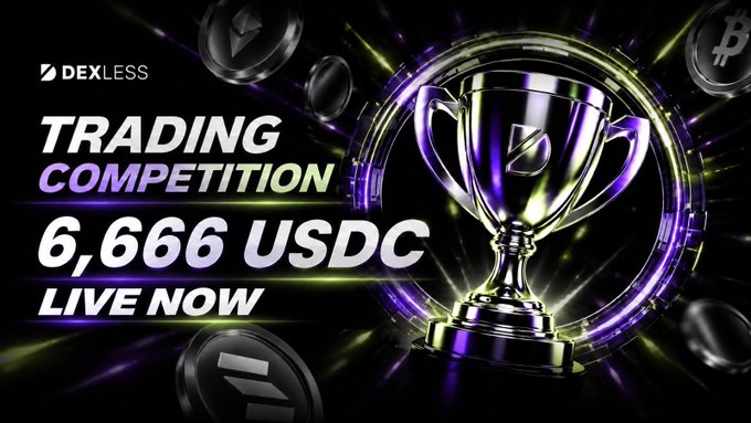 A promotional graphic for 'DEXLESS' advertising a 'TRADING COMPETITION' with a prize pool of '6,666 USDC' currently 'LIVE NOW', featuring a gold trophy and cryptocurrency coins.