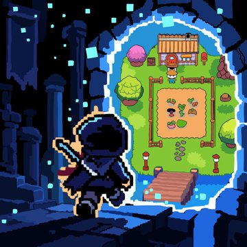 A pixel art illustration of a hooded swordsman standing in a dark dungeon, looking out toward a bright portal revealing a peaceful farm scene with a small house and crops.