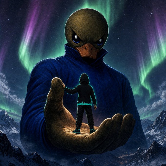 A dramatic digital artwork showing a small child standing in the massive hand of a giant duck-like humanoid figure, set against a backdrop of starry skies and green aurora borealis.