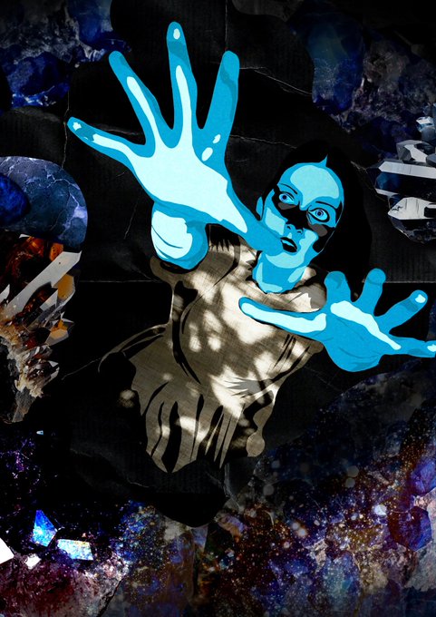 A stylized digital artwork depicts a figure with bright blue skin and hands reaching forward, set against a dark, cosmic background filled with colorful, nebula-like textures.