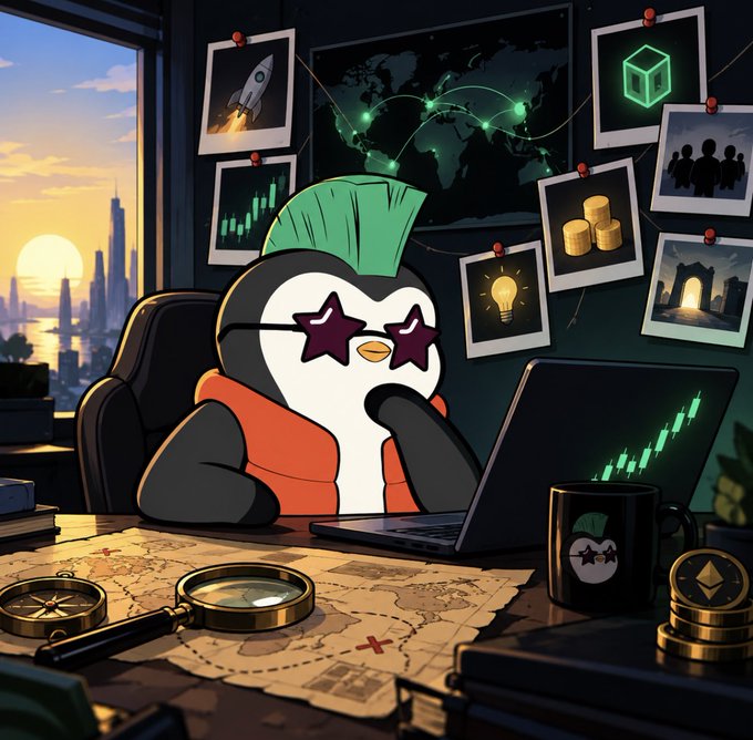 A cartoon penguin with a green mohawk and star-shaped sunglasses analyzes charts and maps at a desk with a laptop, magnifying glass, and a mug.