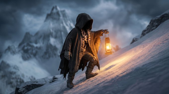 A hooded figure in tattered robes trudges up a snowy mountain slope at dusk, holding aloft a glowing lantern that casts a warm orange light against the cold, foggy peaks behind him—evoking the weary, determined spirit of a creator pressing on through the night to finish their work before rest.