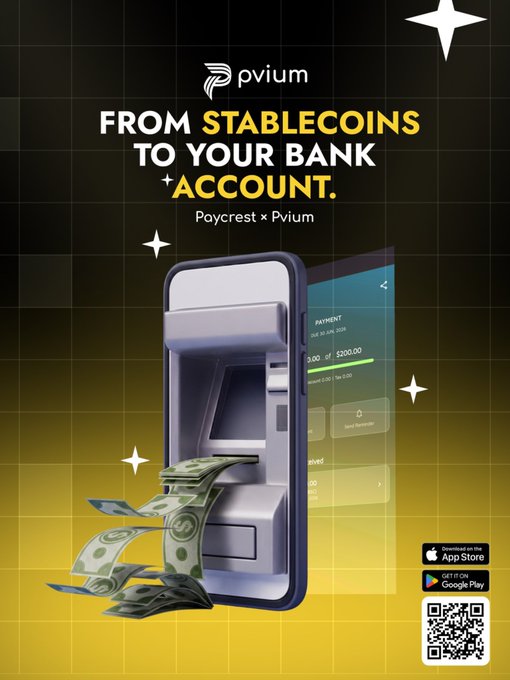 A promotional advertisement for 'Pvium' featuring a 3D smartphone displaying a payment interface, with text 'FROM STABLECOINS TO YOUR BANK ACCOUNT. Paycrest x Pvium' above it on a dark and gold gradient background.