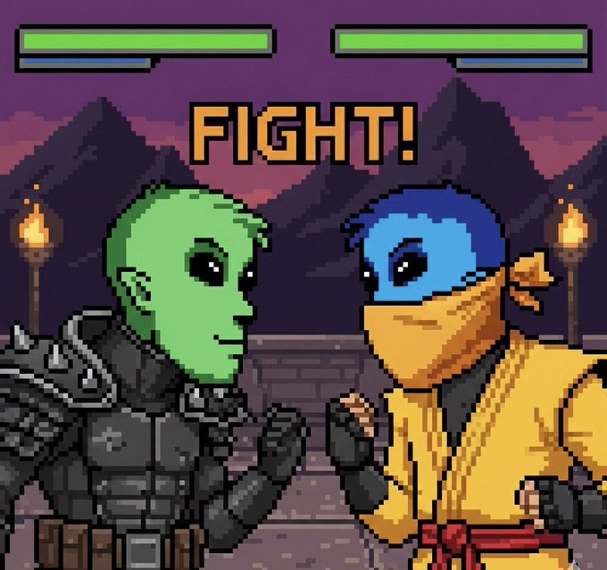 A pixel art fighting game screen displays 'FIGHT!' above a green-skinned warrior in spiked armor squaring off against a blue-masked fighter in a yellow gi.