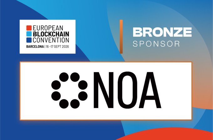 A sponsor graphic for the 'EUROPEAN BLOCKCHAIN CONVENTION' in Barcelona on 16-17 SEPT 2026, displaying 'BRONZE SPONSOR' recognition with the NOA logo.