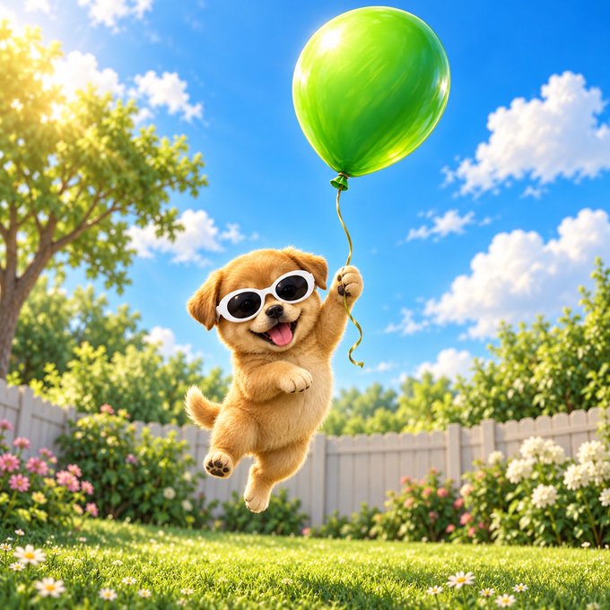 An illustration of a happy golden puppy wearing sunglasses, floating in the air while holding the string of a green balloon over a sunny grassy yard.
