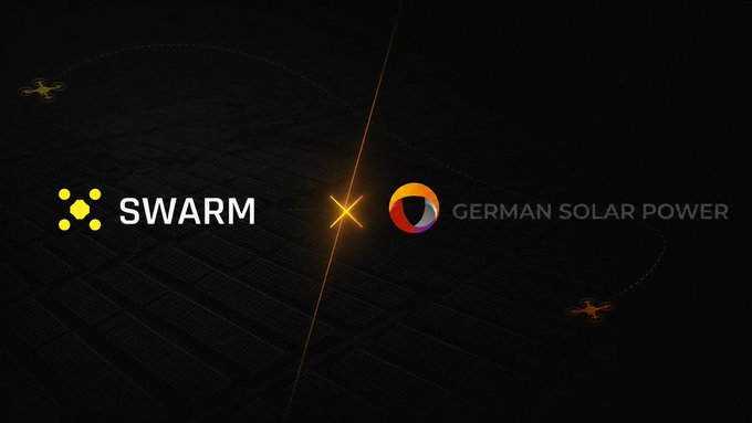 The image shows a logo partnership between "SWARM" (with a yellow dot cluster icon) and "GERMAN SOLAR POWER" (with an orange/purple gradient circle), connected by a glowing orange "X" against a dark background featuring subtle drone silhouettes and grid patterns. The visual ties to the post's theme by illustrating Swarm Subnet 124's real-world AI agent deployment in the solar energy sector, showing tangible industrial utility beyond typical benchmarks.