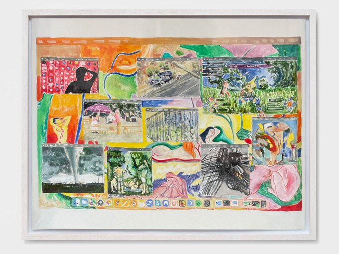 A framed mixed-media artwork featuring multiple colorful rectangular panels depicting various scenes including figures, landscapes, and abstract imagery, with a row of small icons along the bottom edge.