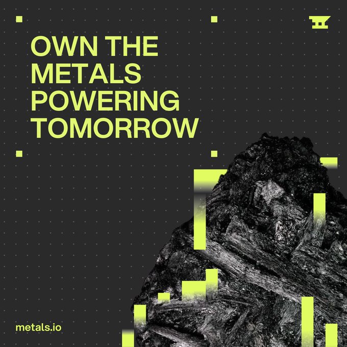 A promotional graphic with the bold headline "OWN THE METALS POWERING TOMORROW" appears alongside a dark, jagged mineral specimen overlaid with neon green chart bars, with "metals.io" displayed in the lower-left corner—visually reinforcing the post's message about tokenizing critical metals like uranium, nickel, and cobalt for accessible, round-the-clock investment.