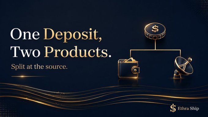 The image is a dark blue promotional graphic for Ethra Ship featuring the text "One Deposit, Two Products. Split at the source." alongside an icon of a dollar coin branching into a wallet and a satellite dish, visually illustrating the dual-yield financial model described in the post where a single deposit is split between different products.