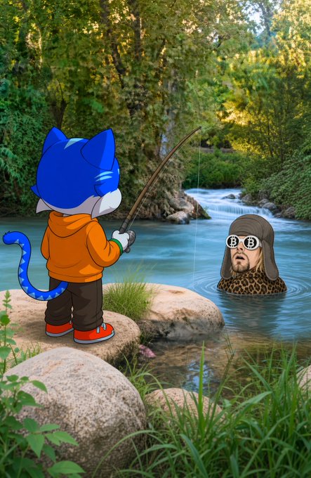A cartoon illustration of a blue anthropomorphic cat character in an orange hoodie fishing in a stream, where the bobber is a man's head wearing a Bitcoin hat and leopard print.