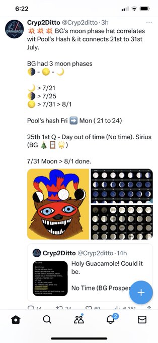 The image shows a Twitter thread by @Cryp2Ditto detailing a "decode" involving moon phases and dates from July 21st to August 1st, correlating with #xrp. The accompanying post confirms the user is sharing a "decode" related to XRP.