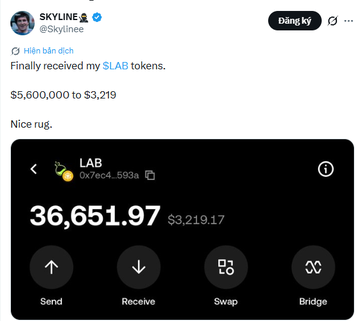 A tweet by SKYLINE (@Skylinee) states 'Finally received my $LAB tokens. $5,600,000 to $3,219. Nice rug,' alongside a wallet screenshot showing 36,651.97 LAB tokens.