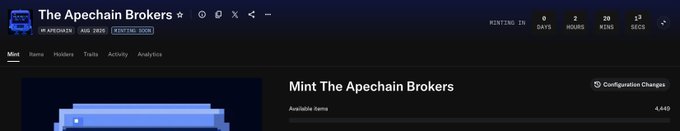 A screenshot of a webpage for 'The Apechain Brokers' showing a countdown timer with 0 days, 2 hours, 20 mins, 13 secs remaining, and a section to 'Mint The Apechain Brokers' for 0.44B.