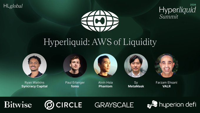 The image is a promotional banner for the 2026 Hyperliquid Summit panel titled "Hyperliquid: AWS of Liquidity," featuring speakers Ryan Watkins (Syncracy Capital), Paul Erlanger (fomo), Alvin Hsia (Phantom), Sy (MetaMask), and Farzam Ehsani (VALR), with sponsors Bitwise, Circle, Grayscale, and Hyperion DeFi displayed at the bottom. The inclusion of Phantom's Alvin Hsia on the panel aligns with the post's excitement about builder codes and Phantom's role as a major distribution partner within the Hyperliquid ecosystem.