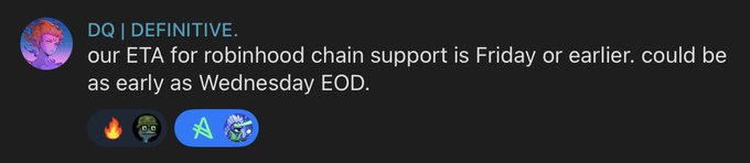 A Discord message from DQ stating 'our ETA for robinhood chain support is Friday or earlier. could be as early as Wednesday EOD.'