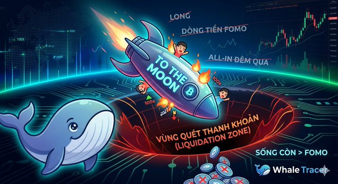 A WhaleTrace cryptocurrency infographic featuring a whale, a rocket labeled 'TO THE MOON', and Vietnamese text warning about FOMO ('SỐNG CÒN > FOMO') and all-in trading in the liquidation zone.