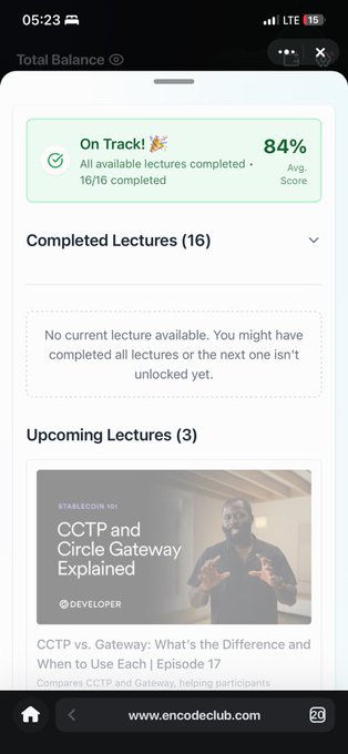 A mobile screenshot of the Encode Club learning platform shows a green "On Track! 84% Avg. Score" badge with 16/16 completed lectures, ahead of an upcoming lecture titled "CCTP and Circle Gateway Explained" under Upcoming Lectures (3). This visually confirms the post's milestone of completing Day 16 of the Programmable Money bootcamp with high engagement.