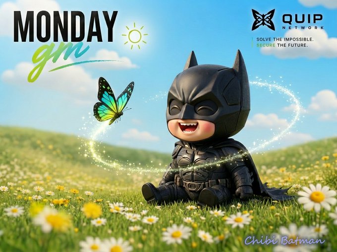 A chibi Batman sits in a sunny daisy field, smiling as a blue butterfly flutters nearby, with the text "MONDAY" and a sun icon in the top left and the "QUIP NETWORK" logo ("SOLVE THE IMPOSSIBLE. SECURE THE FUTURE.") in the top right, visually reinforcing the post's message that Quip Network's Node Manager transforms the typically daunting task of running a node into something approachable and pleasant.