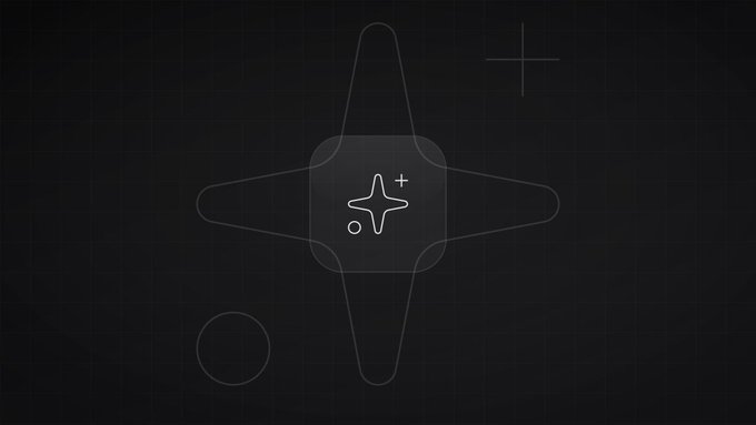 A dark abstract interface graphic featuring a four-pointed star outline inside a rounded square, plus a cross shape and circular form in the background.
