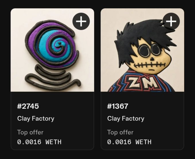 NFT marketplace listing showing two Clay Factory items (#2745 a blue/purple swirl icon and #1367 a skeleton character wearing a ZM jersey) both with top offers of 0.0016 WETH.