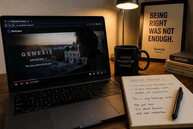 A laptop displays the GenLayer website featuring "GENESIS EPISODE 1 - The story behind GenLayer" streaming at 4:27/39:09, accompanied by a notebook where handwritten notes echo the post's shocking figures: "150 MILLION DOLLARS LOST - 14,000 DOLLARS LEFT - YEARS OF LAWSUITS," alongside a comment reading "This is who GenLayer sends. Not just tech. It's about fairness and real resolution." A framed poster declaring "BEING RIGHT WAS NOT ENOUGH. Genesis Episode 1," a mug stating "Justice shouldn't be a luxury," and books titled "SAPIENS," "The Screenwriter's Dilemma," and "ZERO TO ONE" reinforce the post's reflection on how the documentary exposes the brokenness of real-world dispute resolution—a stark loss of $150M to $14K that GenLayer apparently aims to fix.