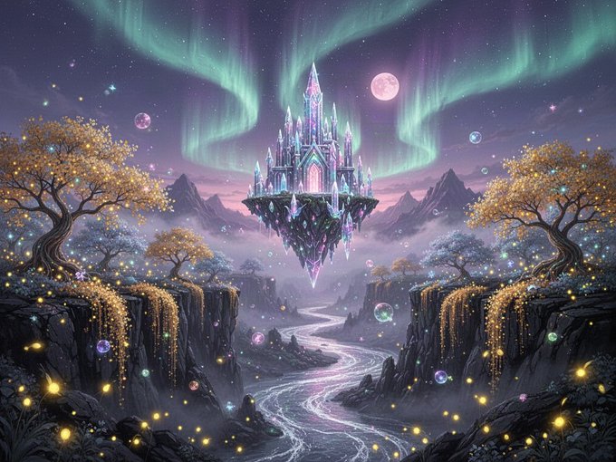 A vibrant fantasy illustration of a glowing, crystalline castle floating above a river, illuminated by green auroras and surrounded by glowing trees and floating orbs.
