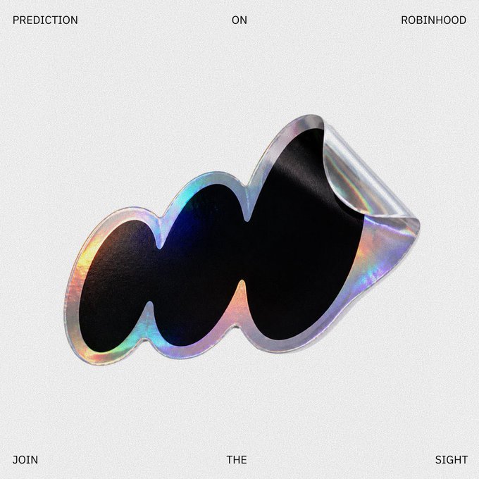A graphic with a black wavy shape surrounded by a holographic iridescent border, accompanied by the text 'PREDICTION ON ROBINHOOD' and 'JOIN THE SIGHT'.