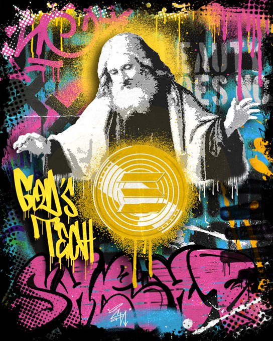 Street art-style image featuring a figure resembling God or Jesus in white robes with arms outstretched, overlaid on colorful graffiti with tags including 'God's Teach' and an Ethereum logo in yellow spray paint.