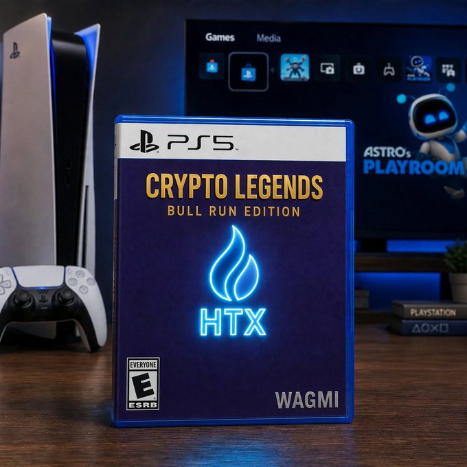 A PS5 game case titled "Crypto Legends: Bull Run Edition" featuring the HTX flame logo and the word "WAGMI" sits next to a DualSense controller, with an Astro's Playroom screen in the background—visually matching the "bull run loading" hype by framing crypto gains as a soon-to-launch game.