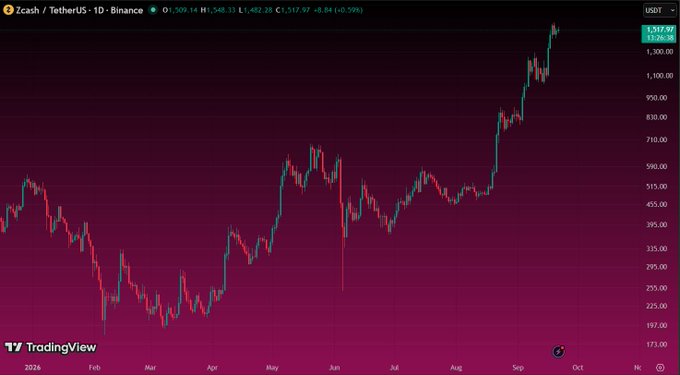 A TradingView chart displays Zcash/TetherUS (ZECUSDT) on Binance, showing a strong uptrend from around 225 to over 1,000 USDT.