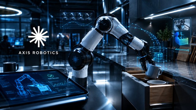 The Axis Robotics logo appears on screen as a white robotic arm works with a coffee cup alongside a tablet displaying technical schematics.