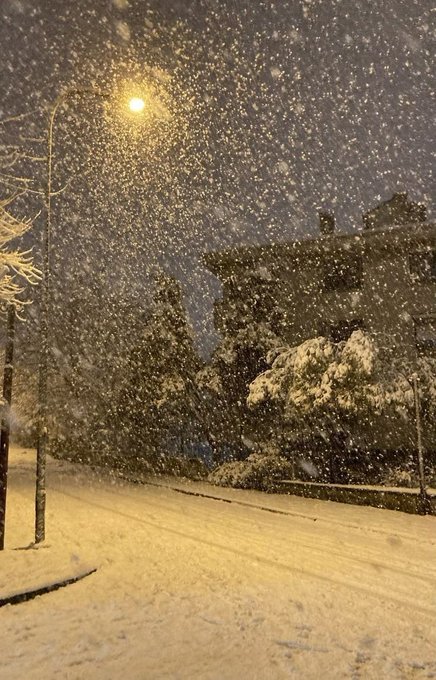 A nighttime winter scene showing heavy snowfall over a snow-covered street with a glowing street lamp and snow-laden trees.