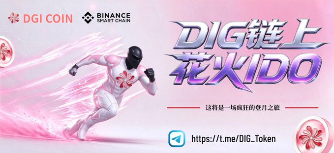 A promotional graphic for "DGI COIN" features a futuristic white and pink armored figure running against a pink background, with the Binance Smart Chain logo and the text "DIG 链上花火ID0" alongside Chinese characters translating to "This will be a crazy journey of the month." The image supports the accompanying post by visually highlighting DIG as a Binance Smart Chain token promoting a community wealth distribution experiment with decentralized payment ambitions.