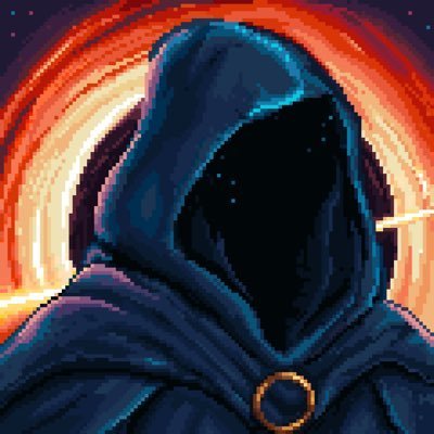 A pixel art image of a hooded figure with a starry, void-like face, wearing a dark blue cloak with a gold clasp against a glowing red and orange circular background.